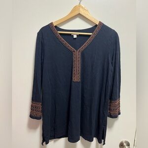 J. Jill Geometrically Embroidered V-Neck Navy Tunic Cotton Womens Size Medium